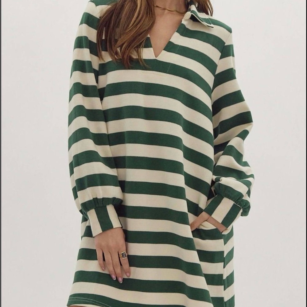 Green and Cream Polo Collar Long Sleeve Dress